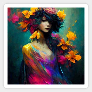 Girl with Colorful Flowers - best selling Sticker